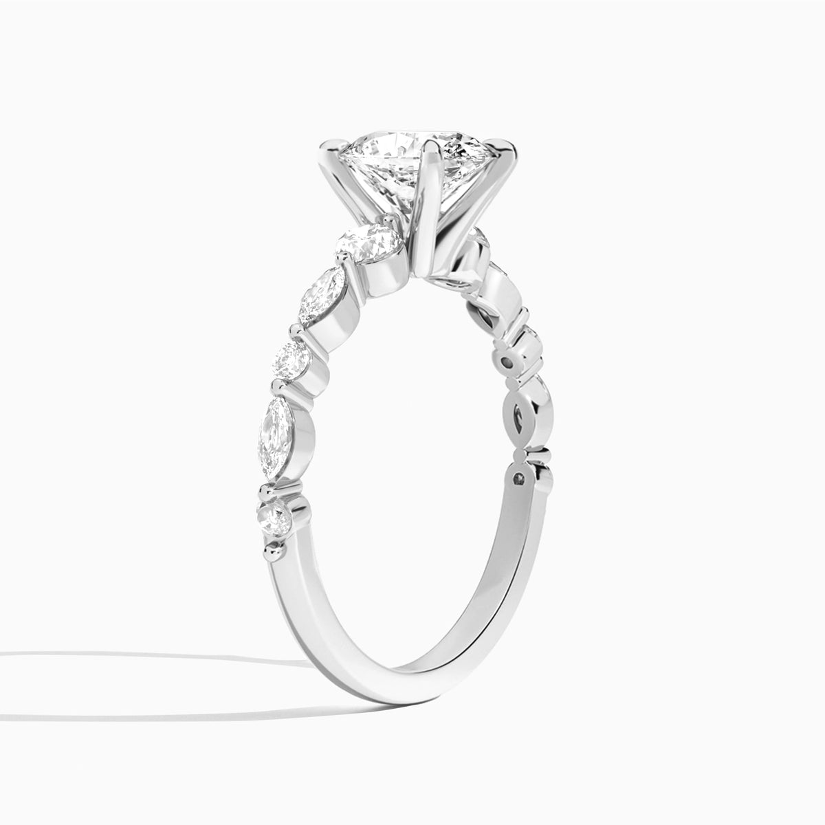 Oval Chateau Three Stone Lab Diamond Engagement Ring In 18K White Gold, Angle View