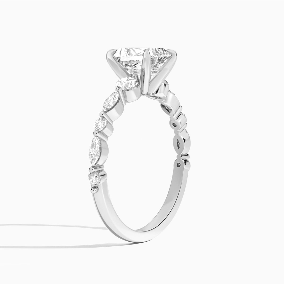 Radiant Chateau Three Stone Lab Diamond Engagement Ring In 18K White Gold, Angle View