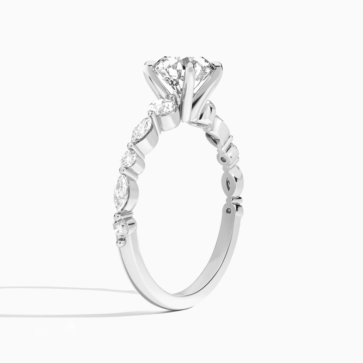 Round Chateau Three Stone Lab Diamond Engagement Ring In 14K White Gold, Angle View