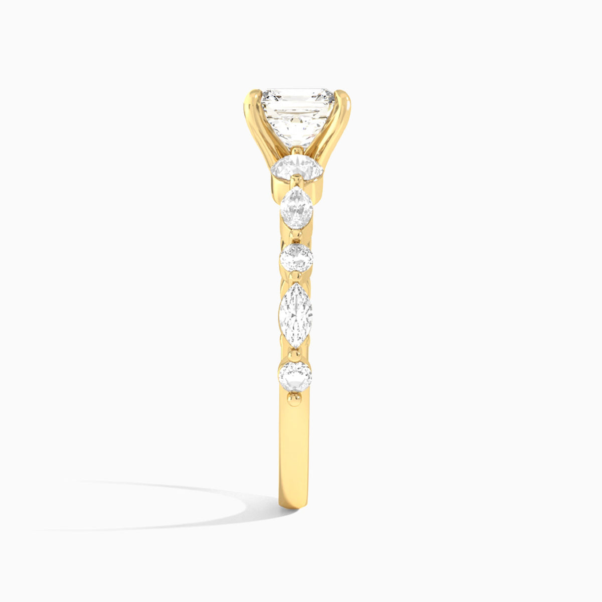 Asscher Chateau Three Stone Lab Diamond Engagement Ring In 18K Yellow Gold, Side View