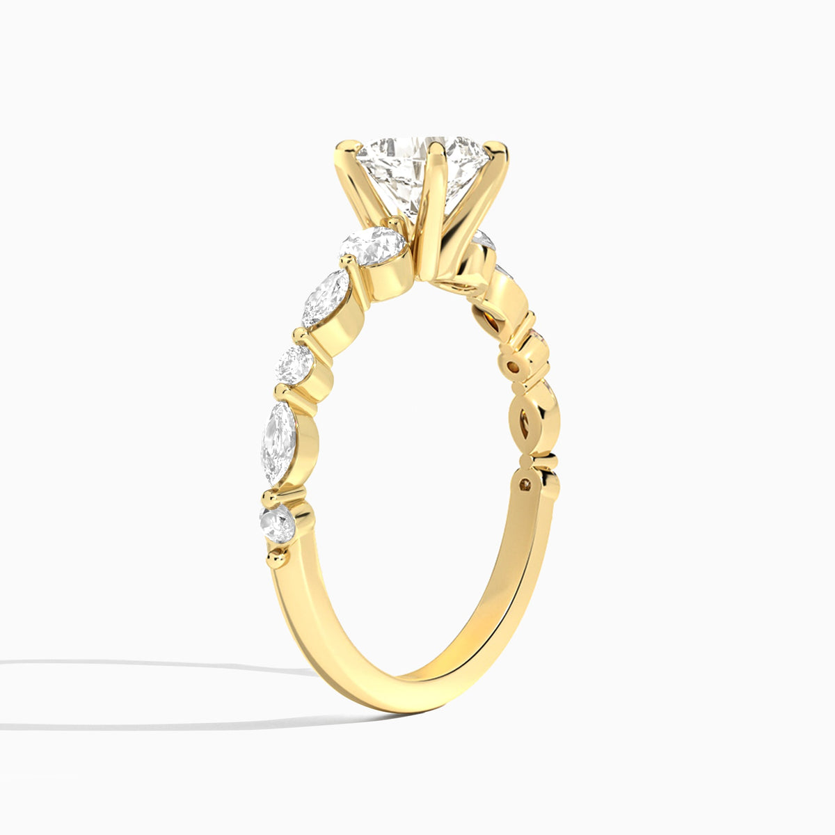 Cushion Chateau Three Stone Lab Diamond Engagement Ring In 18K Yellow Gold, Angle View