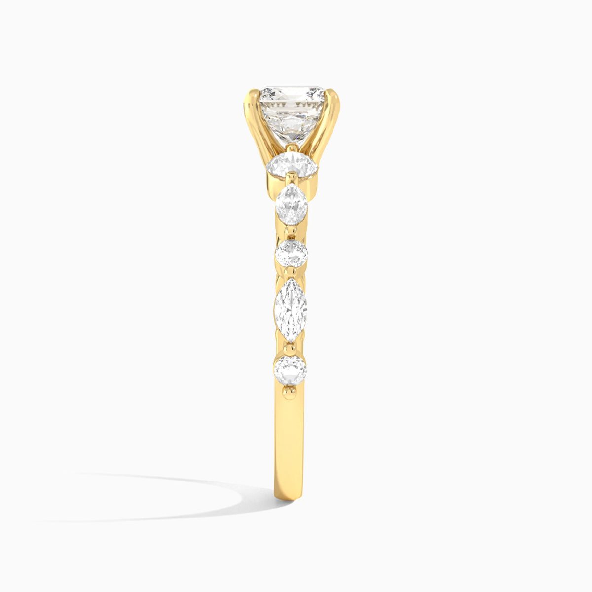 Cushion Chateau Three Stone Lab Diamond Engagement Ring In 18K Yellow Gold, Side View