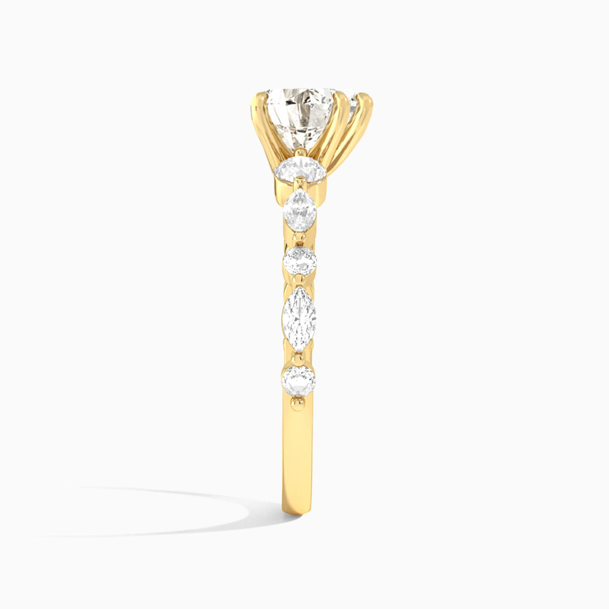 Heart Chateau Three Stone Lab Diamond Engagement Ring In 18K Yellow Gold, Side View