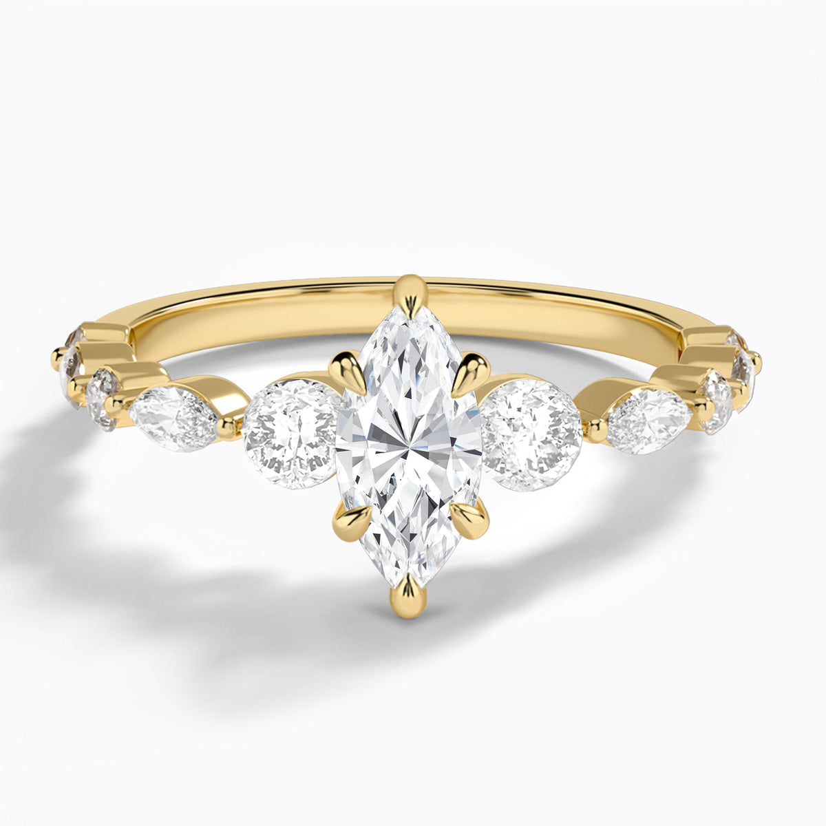 Marquise Chateau Three Stone Lab Diamond Engagement Ring In 14K Yellow Gold - Lucenjuri
