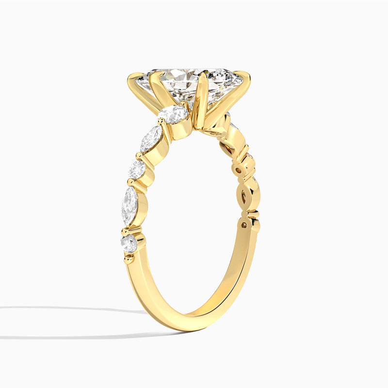 Marquise Chateau Three Stone Lab Diamond Engagement Ring In 14K Yellow Gold, Angle View