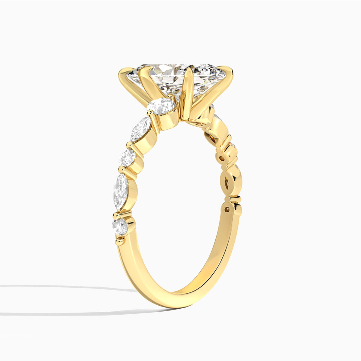 Marquise Chateau Three Stone Lab Diamond Engagement Ring In 14K Yellow Gold, Angle View