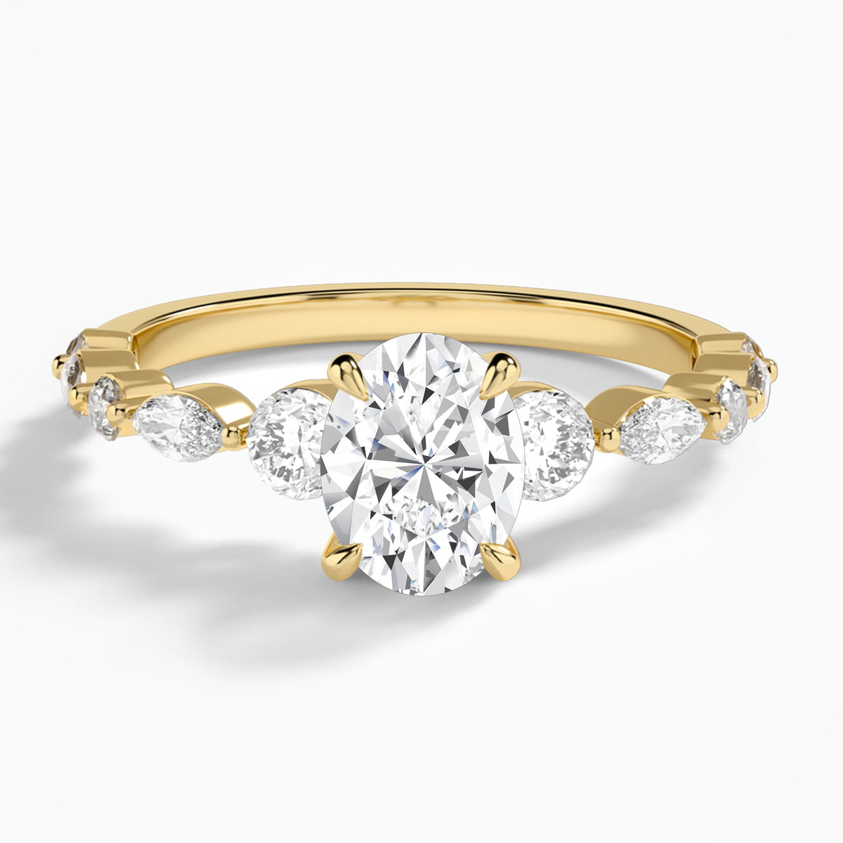Oval Chateau Three Stone Lab Diamond Engagement Ring In 14K Yellow Gold - Lucenjuri