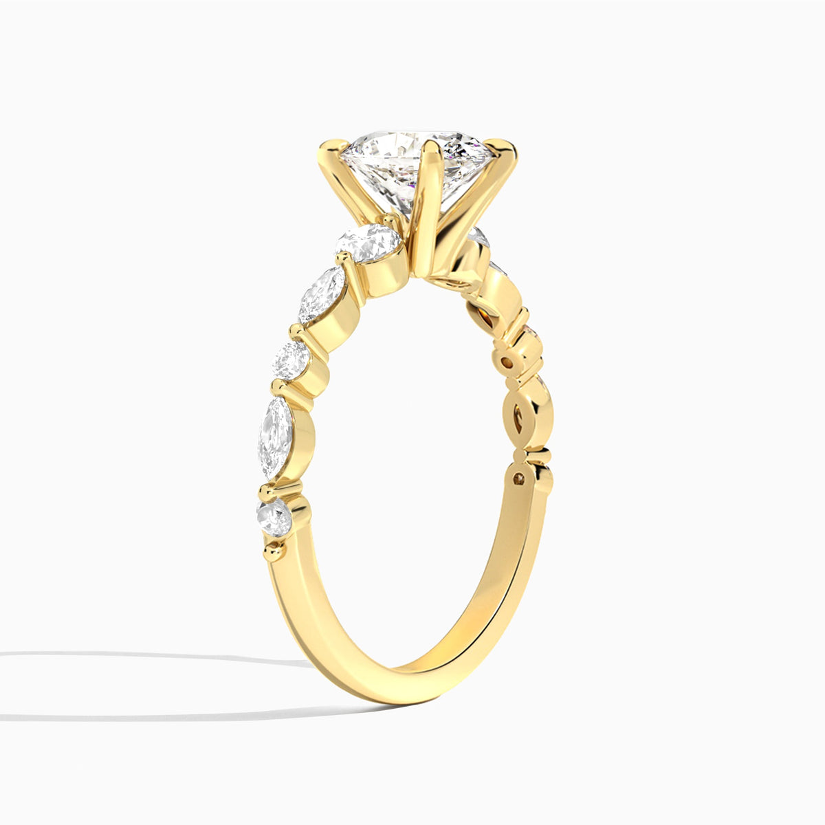 Oval Chateau Three Stone Lab Diamond Engagement Ring In 14K Yellow Gold, Angle View