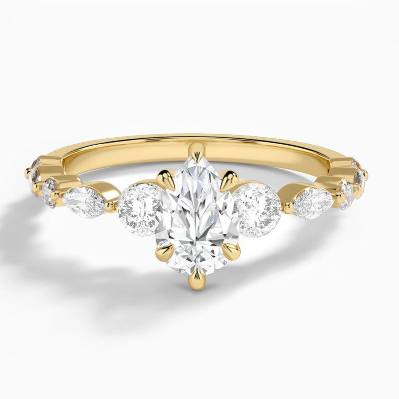 Pear Chateau Three Stone Lab Diamond Engagement Ring In 18K Yellow Gold - Lucenjuri