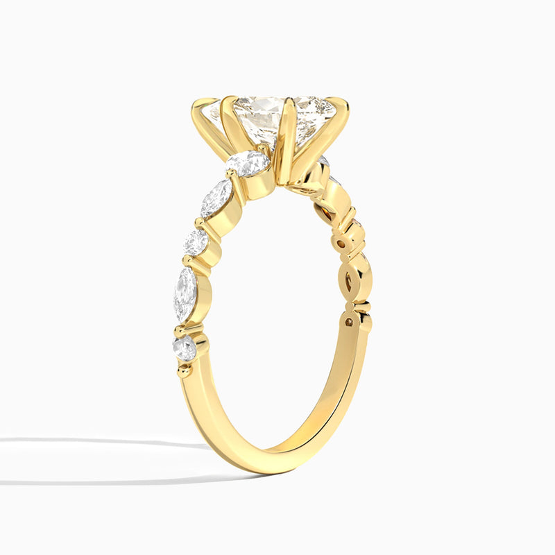 Pear Chateau Three Stone Lab Diamond Engagement Ring In 18K Yellow Gold, Angle View