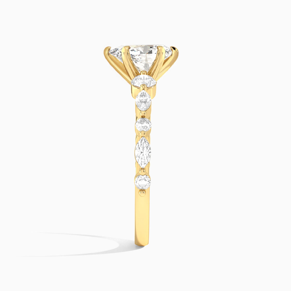 Pear Chateau Three Stone Lab Diamond Engagement Ring In 18K Yellow Gold, Side View