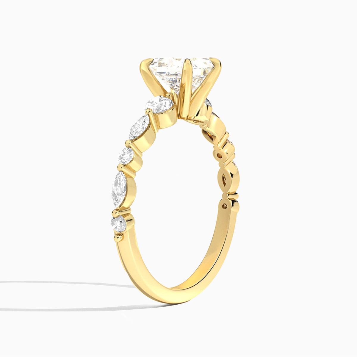Princess Chateau Three Stone Lab Diamond Engagement Ring In 18K Yellow Gold, Angle View