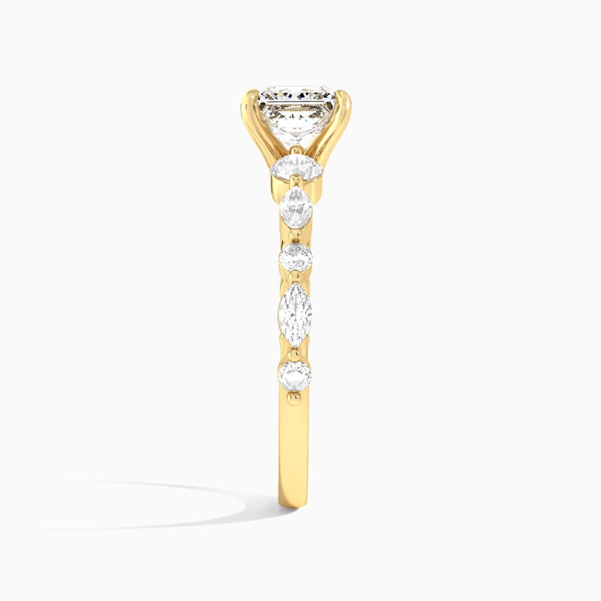 Princess Chateau Three Stone Lab Diamond Engagement Ring In 14K Yellow Gold, Side View