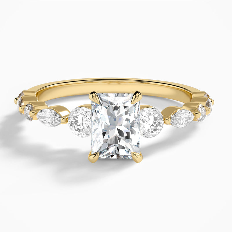 Radiant Chateau Three Stone Lab Diamond Engagement Ring In 14K Yellow Gold - Lucenjuri