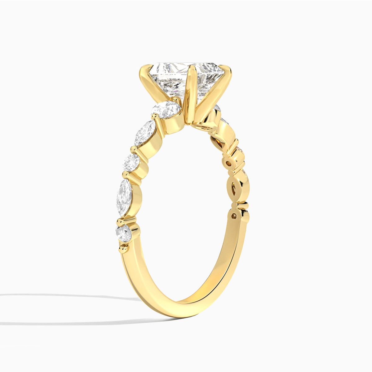 Radiant Chateau Three Stone Lab Diamond Engagement Ring In 18K Yellow Gold, Angle View