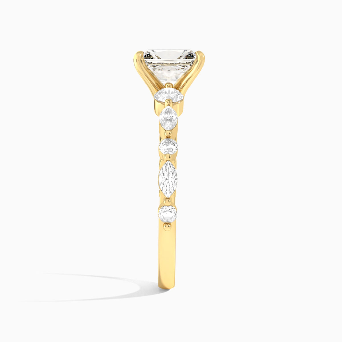 Radiant Chateau Three Stone Lab Diamond Engagement Ring In 14K Yellow Gold, Side View