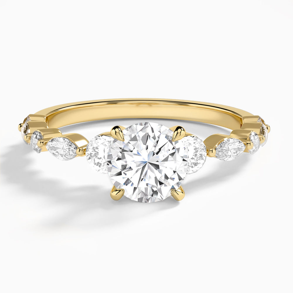 Round Chateau Three Stone Lab Diamond Engagement Ring In 14K Yellow Gold - Lucenjuri