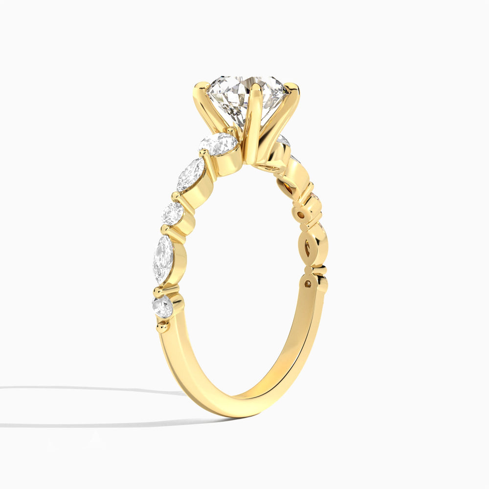 Round Chateau Three Stone Lab Diamond Engagement Ring In 14K Yellow Gold, Angle View