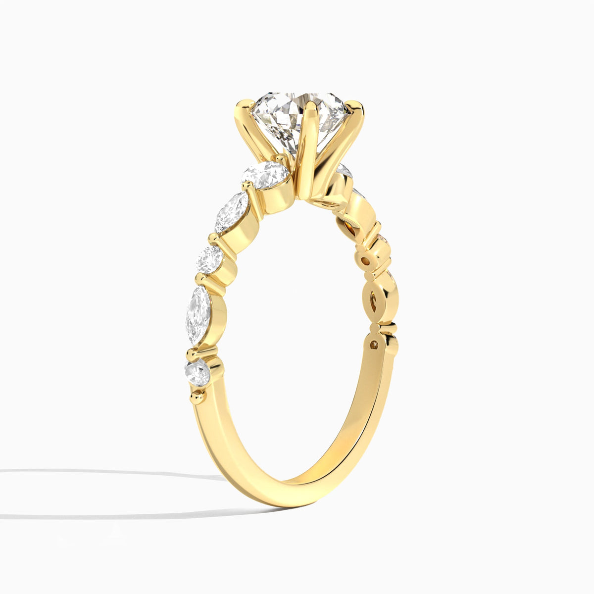 Round Chateau Three Stone Lab Diamond Engagement Ring In 18K Yellow Gold, Angle View