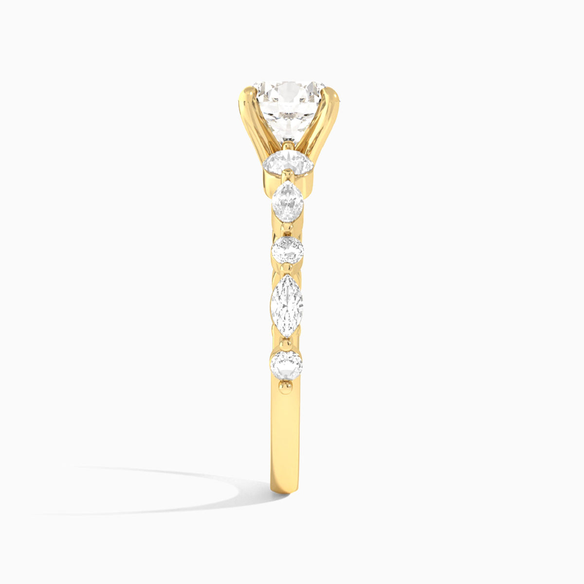 Round Chateau Three Stone Lab Diamond Engagement Ring In 18K Yellow Gold, Side View