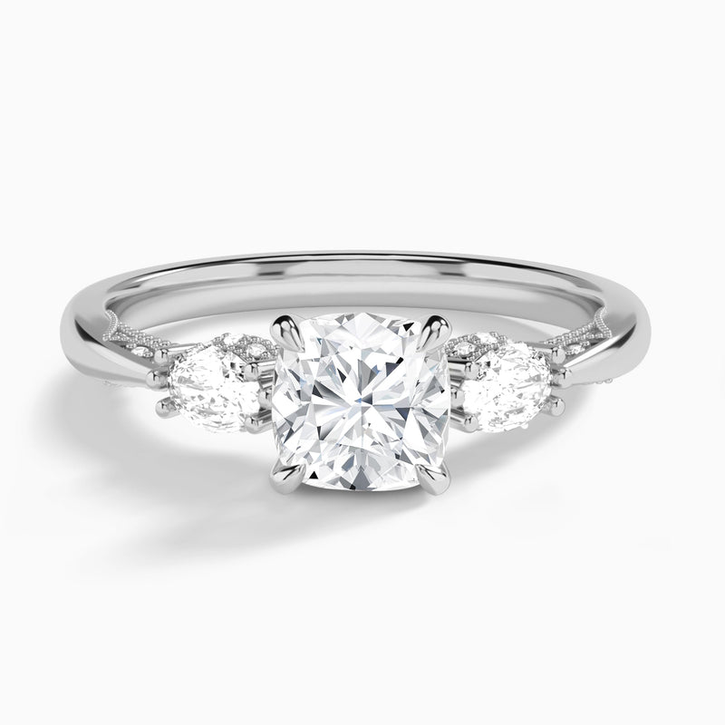 Cushion Three Stone Marquise Lab Diamond Engagement Ring In Platinum - Lucenjuri