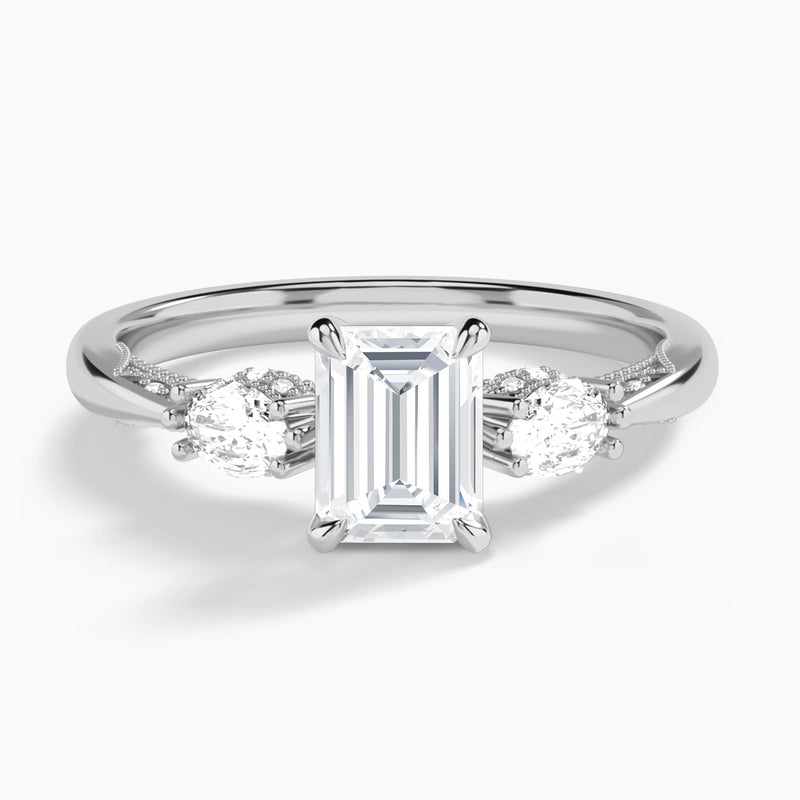 Emerald Three Stone Marquise Lab Diamond Engagement Ring In Platinum - Lucenjuri