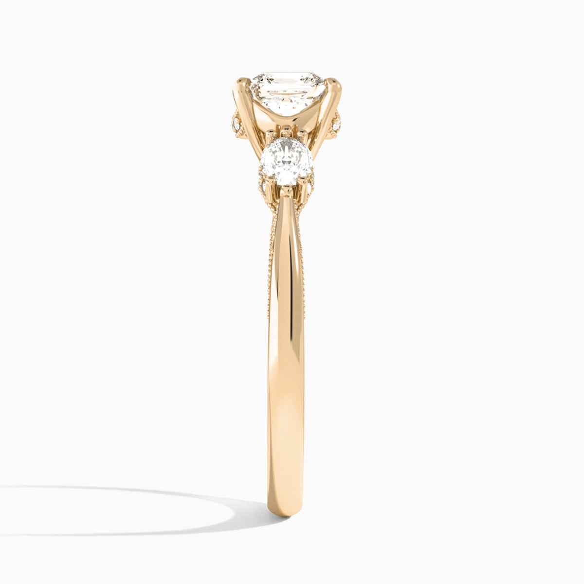 Asscher Three Stone Marquise Lab Diamond Engagement Ring In 14K Rose Gold, Side View