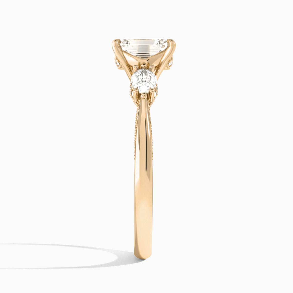 Emerald Three Stone Marquise Lab Diamond Engagement Ring In 14K Rose Gold, Side View