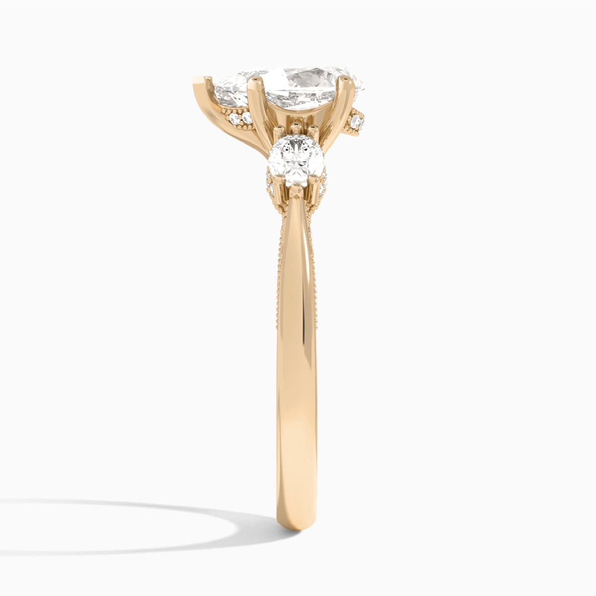 Pear Three Stone Marquise Lab Diamond Engagement Ring In 14K Rose Gold, Side View