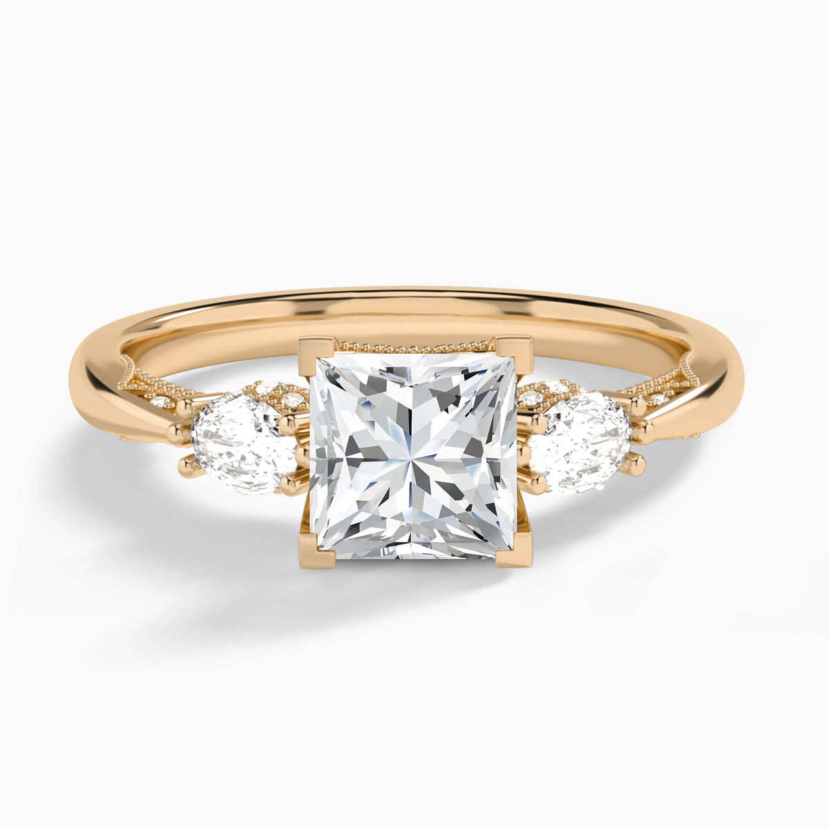Princess Three Stone Marquise Lab Diamond Engagement Ring In 14K Rose Gold - Lucenjuri