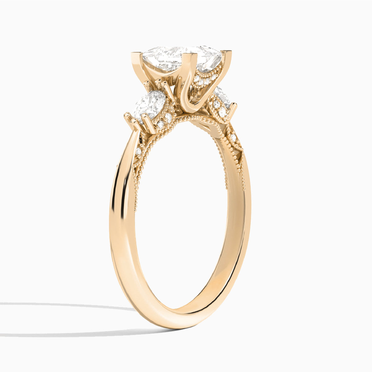 Princess Three Stone Marquise Lab Diamond Engagement Ring In 14K Rose Gold, Angle View