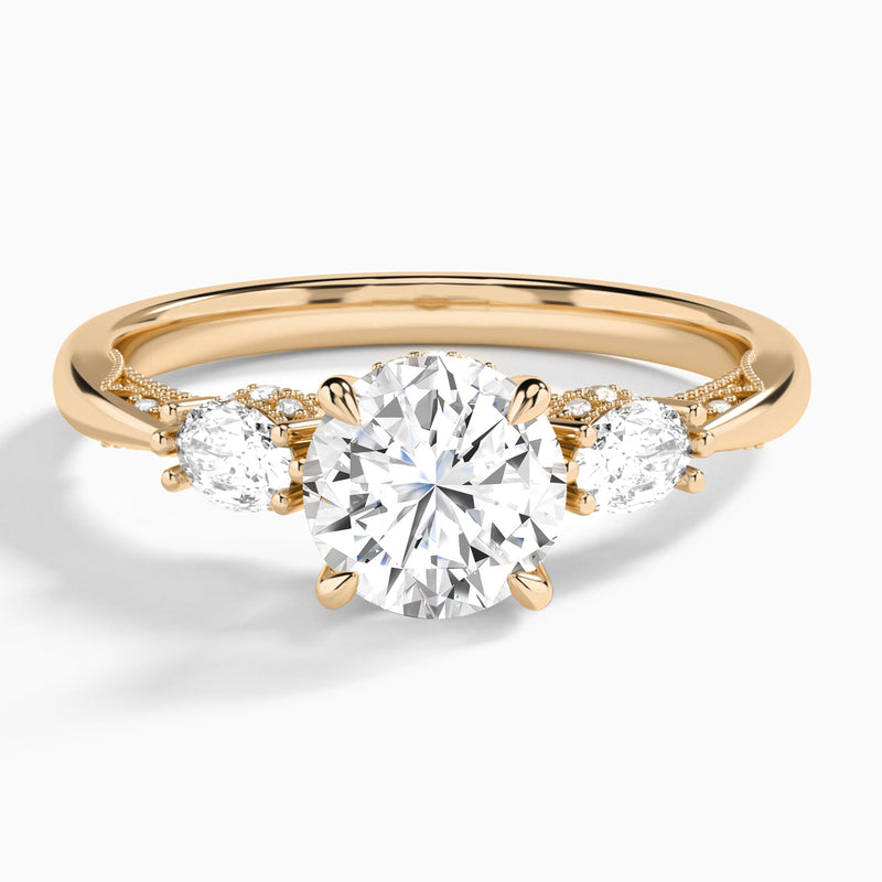 Round Three Stone Marquise Lab Diamond Engagement Ring In 14K Rose Gold - Lucenjuri