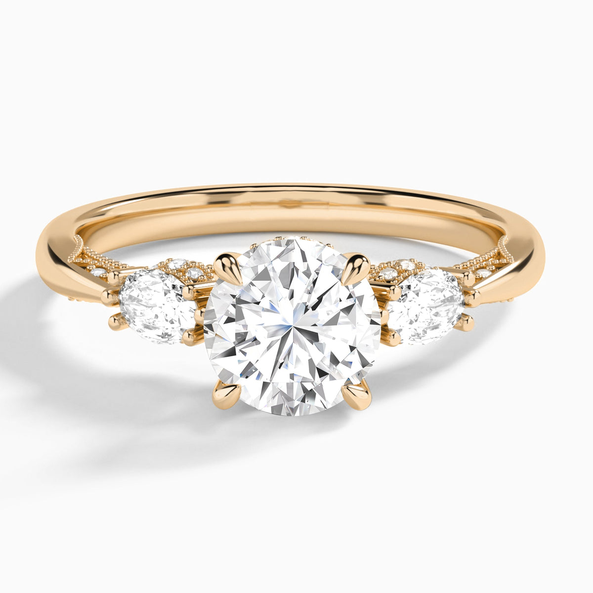 Round Three Stone Marquise Lab Diamond Engagement Ring In 14K Rose Gold - Lucenjuri