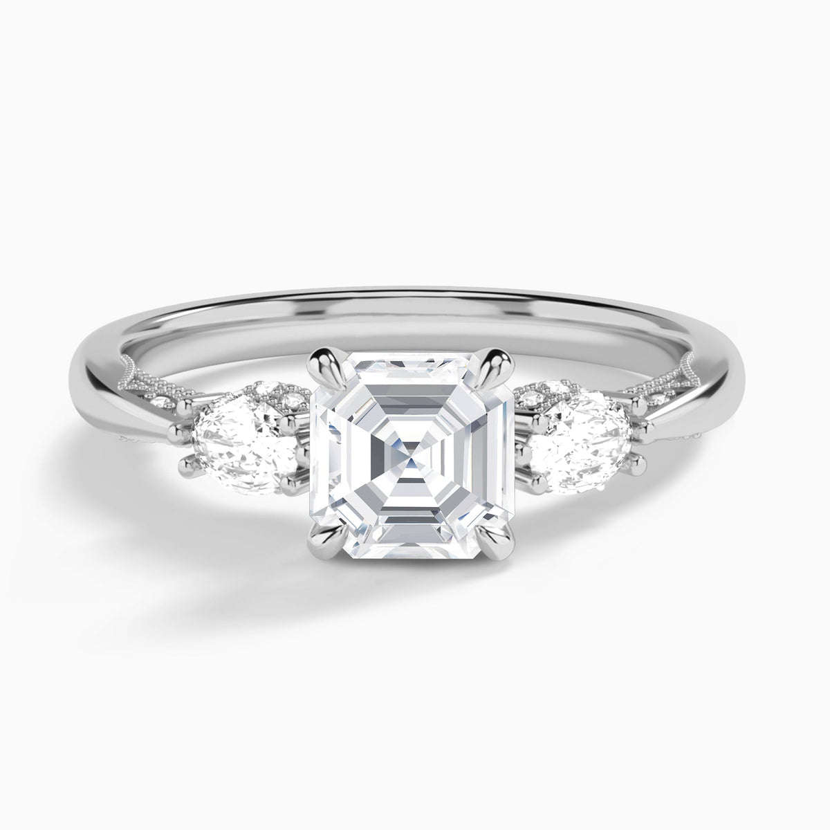 Asscher Three Stone Marquise Lab Diamond Engagement Ring In 14K White Gold - Lucenjuri