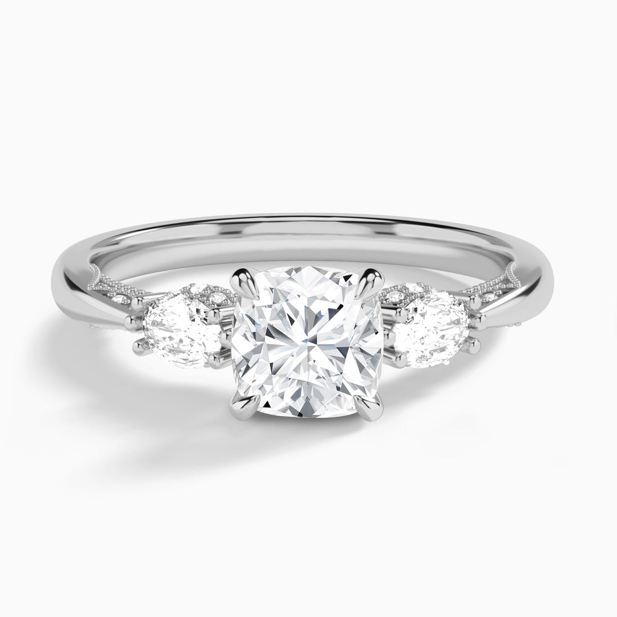 Cushion Three Stone Marquise Lab Diamond Engagement Ring In 18K White Gold - Lucenjuri