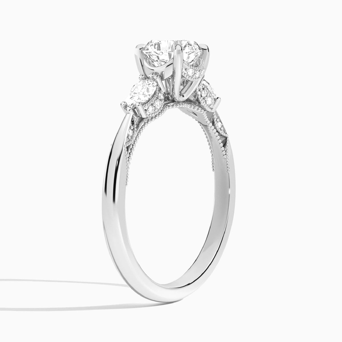 Cushion Three Stone Marquise Lab Diamond Engagement Ring In 18K White Gold, Angle View