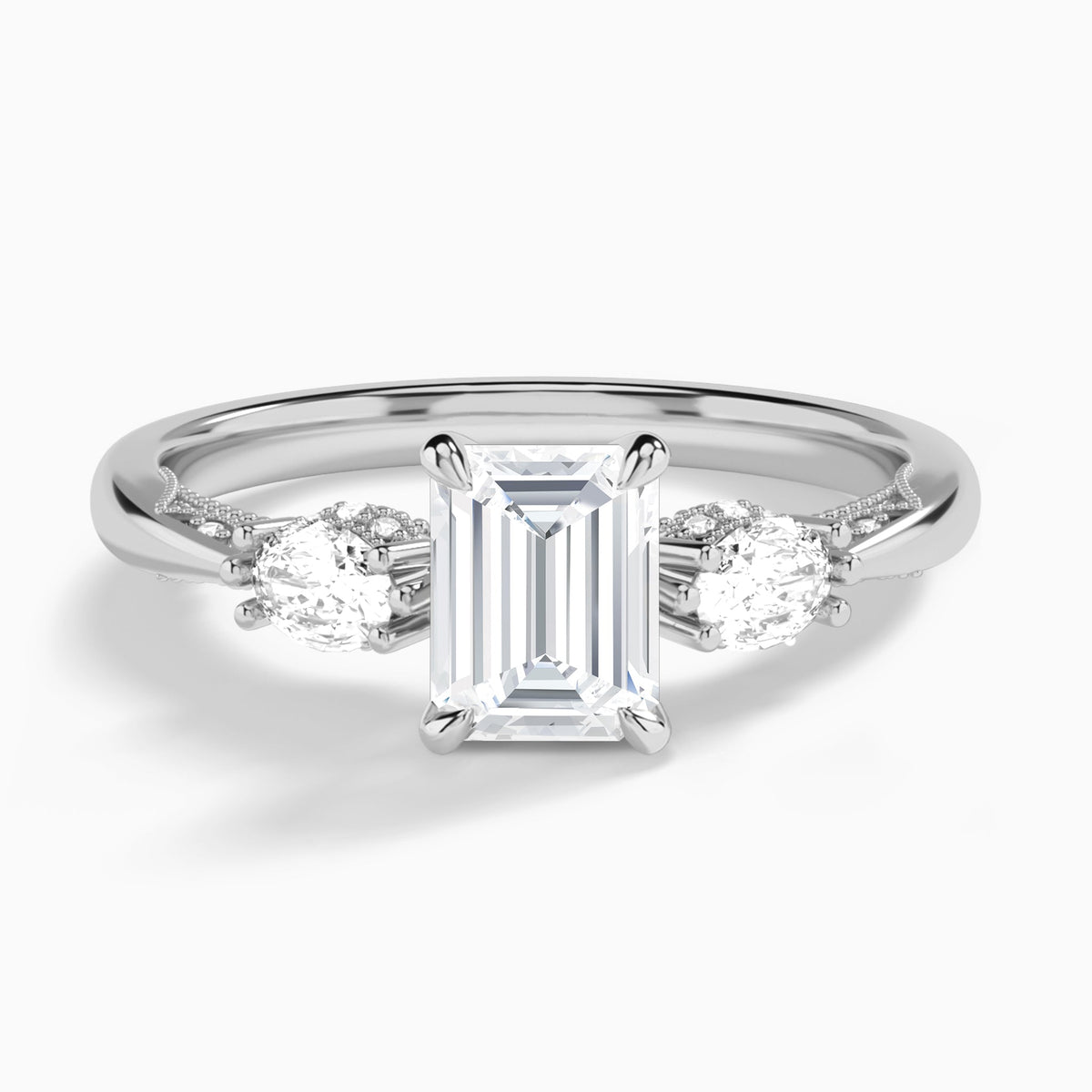 Emerald Three Stone Marquise Lab Diamond Engagement Ring In 18K White Gold - Lucenjuri