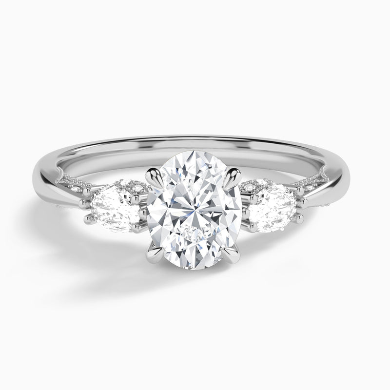 Oval Three Stone Marquise Lab Diamond Engagement Ring In 14K White Gold - Lucenjuri