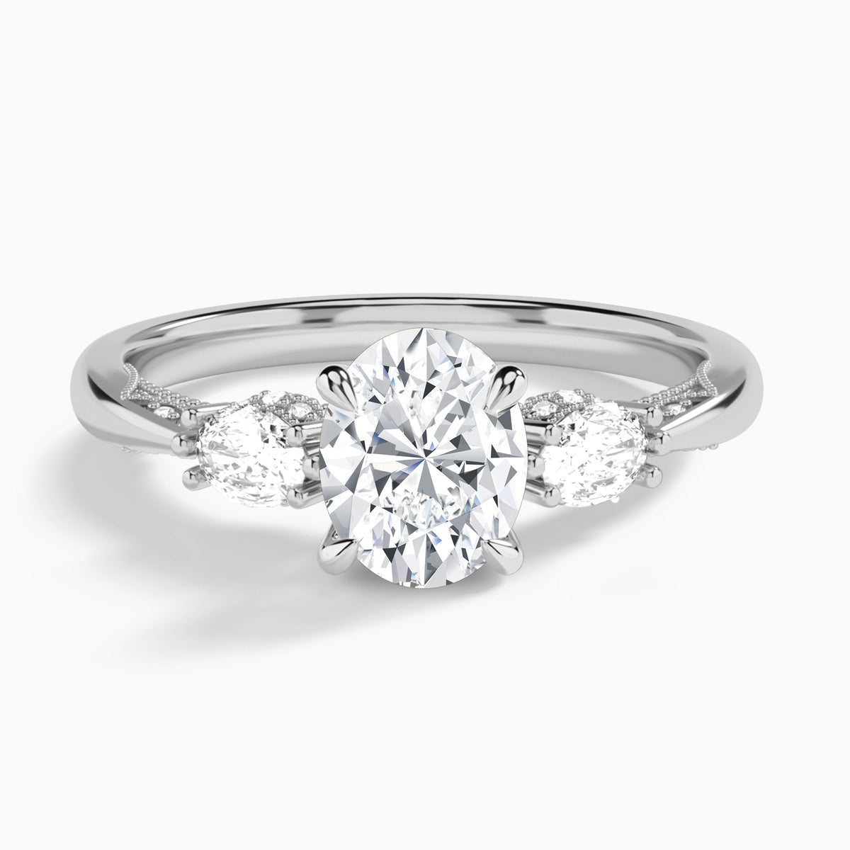 Oval Three Stone Marquise Lab Diamond Engagement Ring In 18K White Gold - Lucenjuri