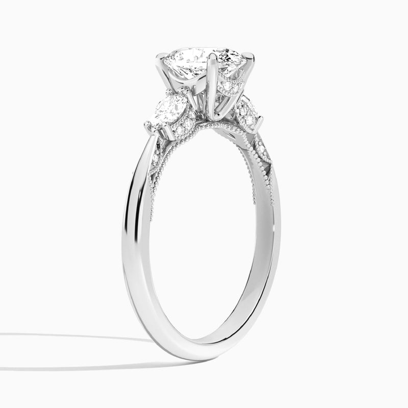 Oval Three Stone Marquise Lab Diamond Engagement Ring In 18K White Gold, Angle View