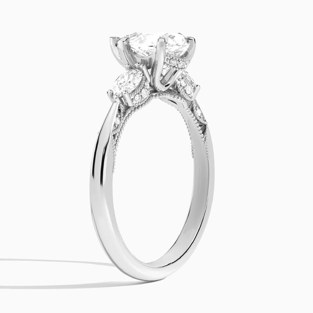 Pear Three Stone Marquise Lab Diamond Engagement Ring In 14K White Gold, Angle View