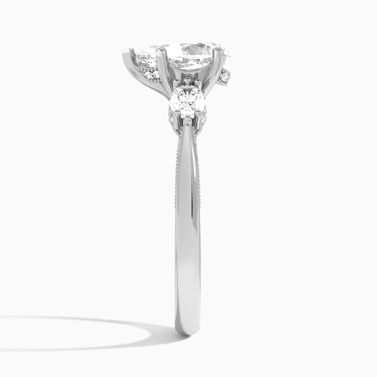 Pear Three Stone Marquise Lab Diamond Engagement Ring In 18K White Gold, Side View