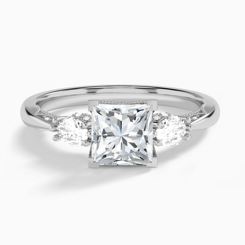 Princess Three Stone Marquise Lab Diamond Engagement Ring In 14K White Gold - Lucenjuri