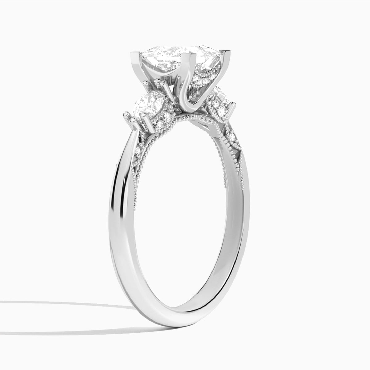 Princess Three Stone Marquise Lab Diamond Engagement Ring In 14K White Gold, Angle View