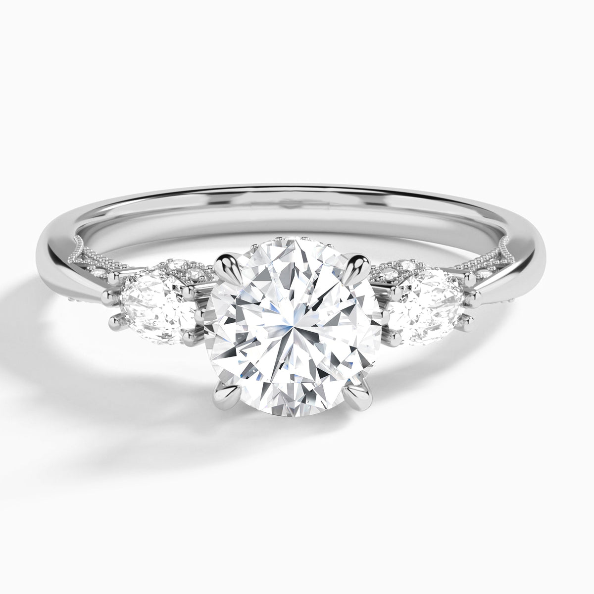 Round Three Stone Marquise Lab Diamond Engagement Ring In 18K White Gold - Lucenjuri