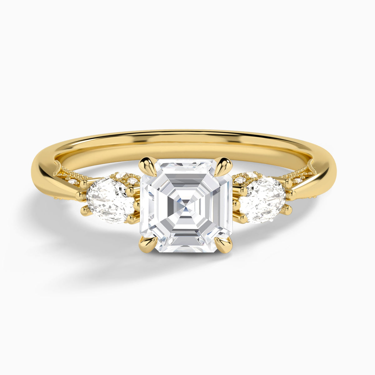 Asscher Three Stone Marquise Lab Diamond Engagement Ring In 14K Yellow Gold - Lucenjuri