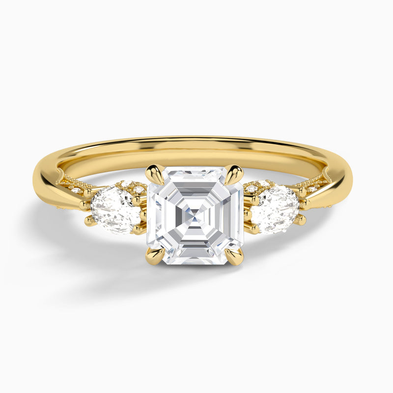 Asscher Three Stone Marquise Lab Diamond Engagement Ring In 18K Yellow Gold - Lucenjuri