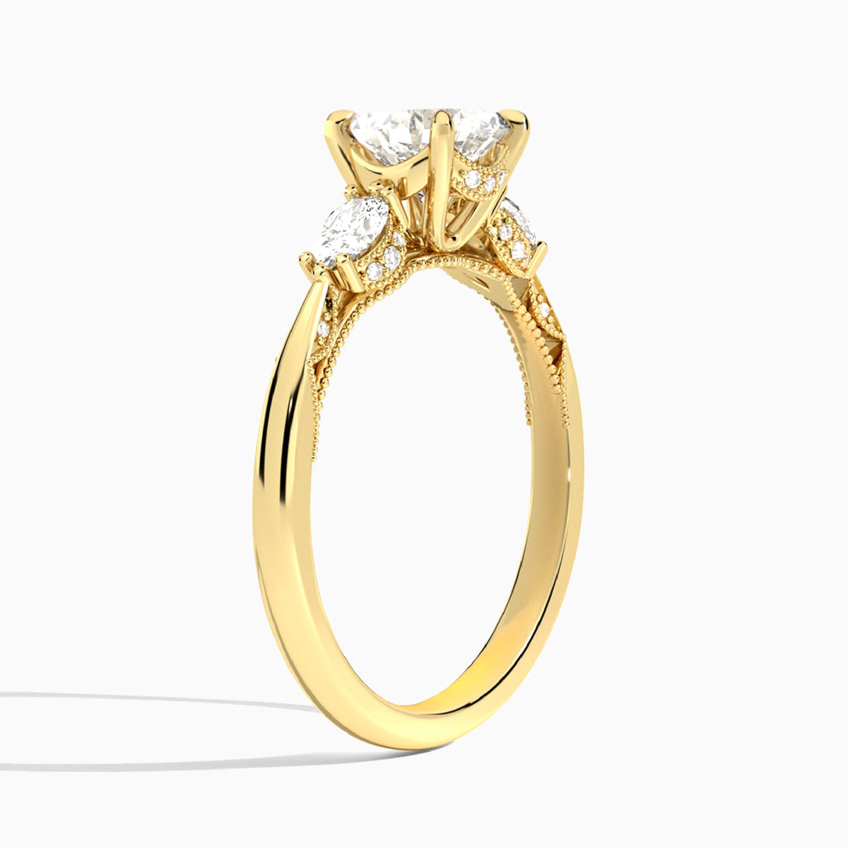 Asscher Three Stone Marquise Lab Diamond Engagement Ring In 18K Yellow Gold, Angle View