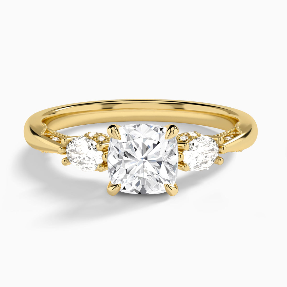 Cushion Three Stone Marquise Lab Diamond Engagement Ring In 14K Yellow Gold - Lucenjuri