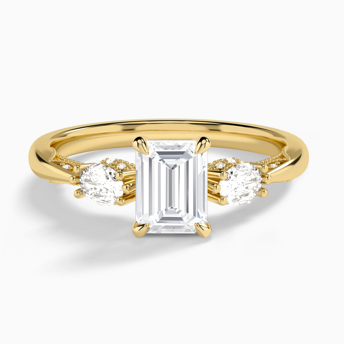Emerald Three Stone Marquise Lab Diamond Engagement Ring In 18K Yellow Gold - Lucenjuri